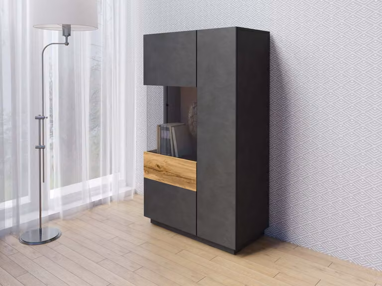 Cassettiera alta con parte vetrata SHADI sinistra, grigio/rovere wotan