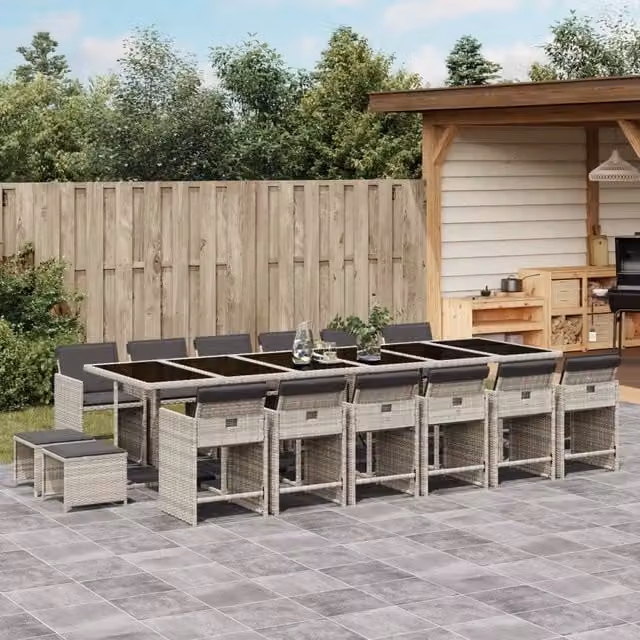 Set da pranzo da giardino vidaXL in polyrattan con cuscini e piano in vetro, 17 pezzi, colore antracite