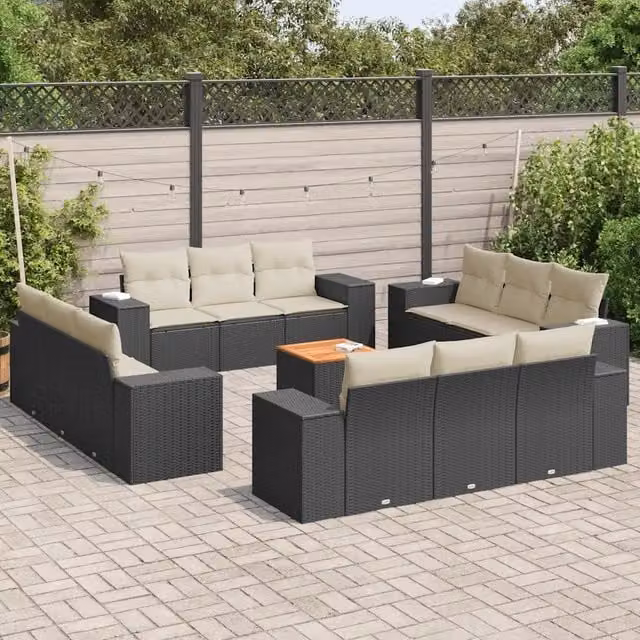 Set di Divani da Giardino VIDAXL in Polyrattan Nero con Cuscini, Design Moderno a Forma di U, 13 Pezzi – 1