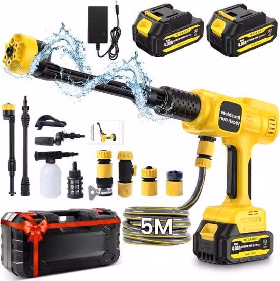 Idropulitrice elettrica 6 in 1 - Pulitore portatile per terrazze - Giallo - Tubo da 5 m - Motore brushless - 2 batterie da 4,0 Ah - Caricabatterie