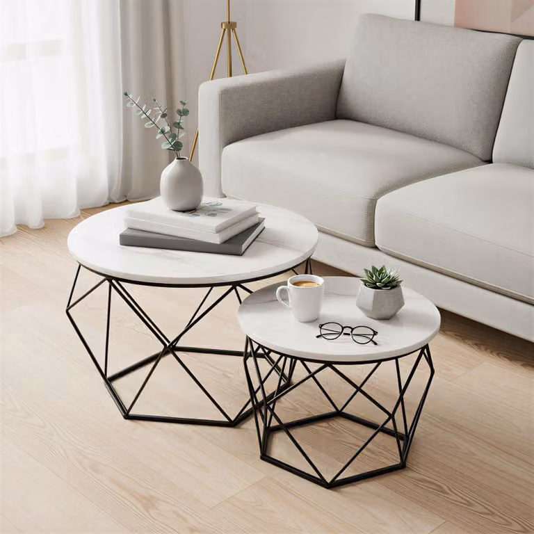 Set di tavolini da caffè rotondi, 2 pezzi, design moderno | Bianco e nero | 60x60x45 cm