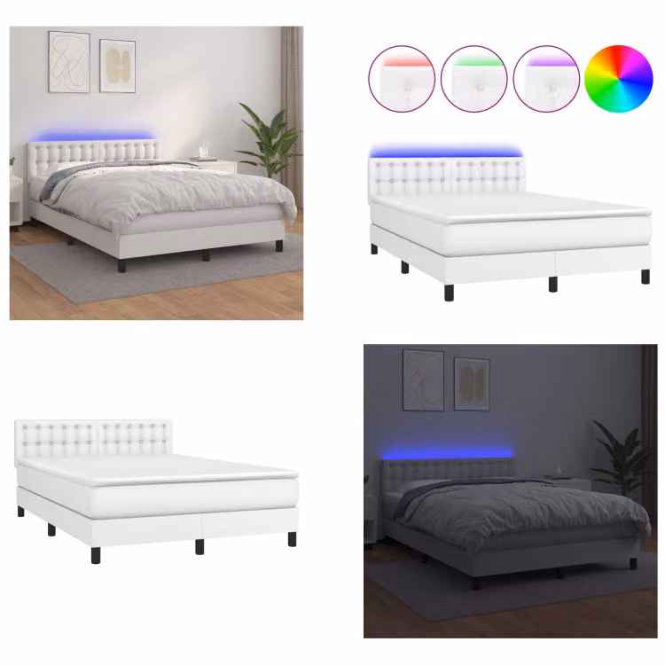vidaXL Letto a molle con materasso e LED bianco 140x200 cm in Pelle finta - Letto a molle - Boxspringbetten - Bett - Schlafzimmermöbel