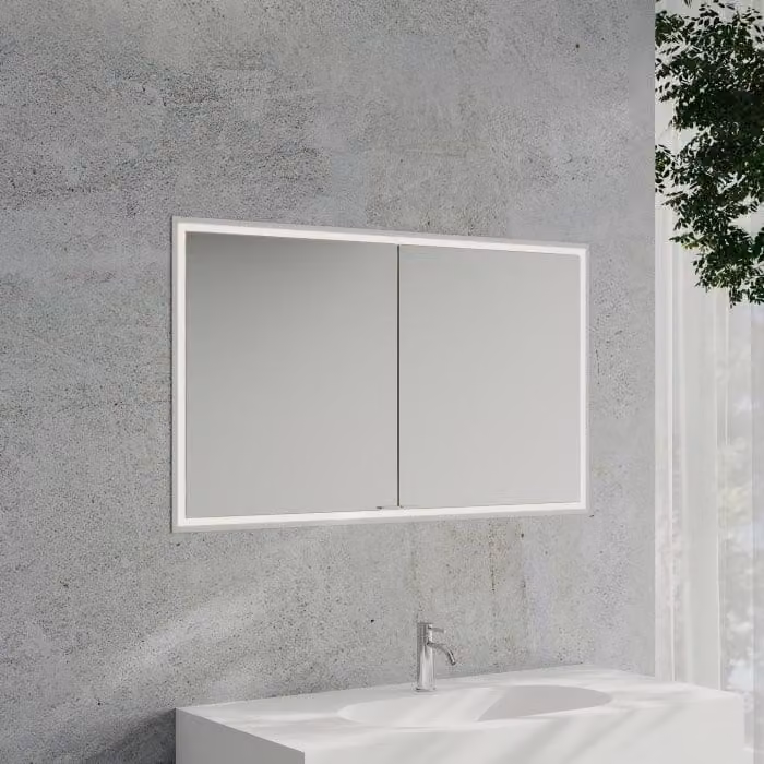 Specchio da bagno a muro modello Kronenbach Cube 2.0, dimensioni 120 cm, da incasso, con 2 ante