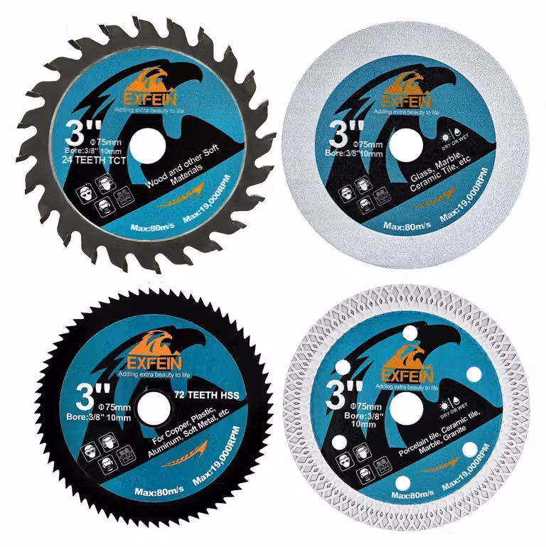 Set di 4 lame per sega circolare, diametro 75 mm, adatte a diversi materiali