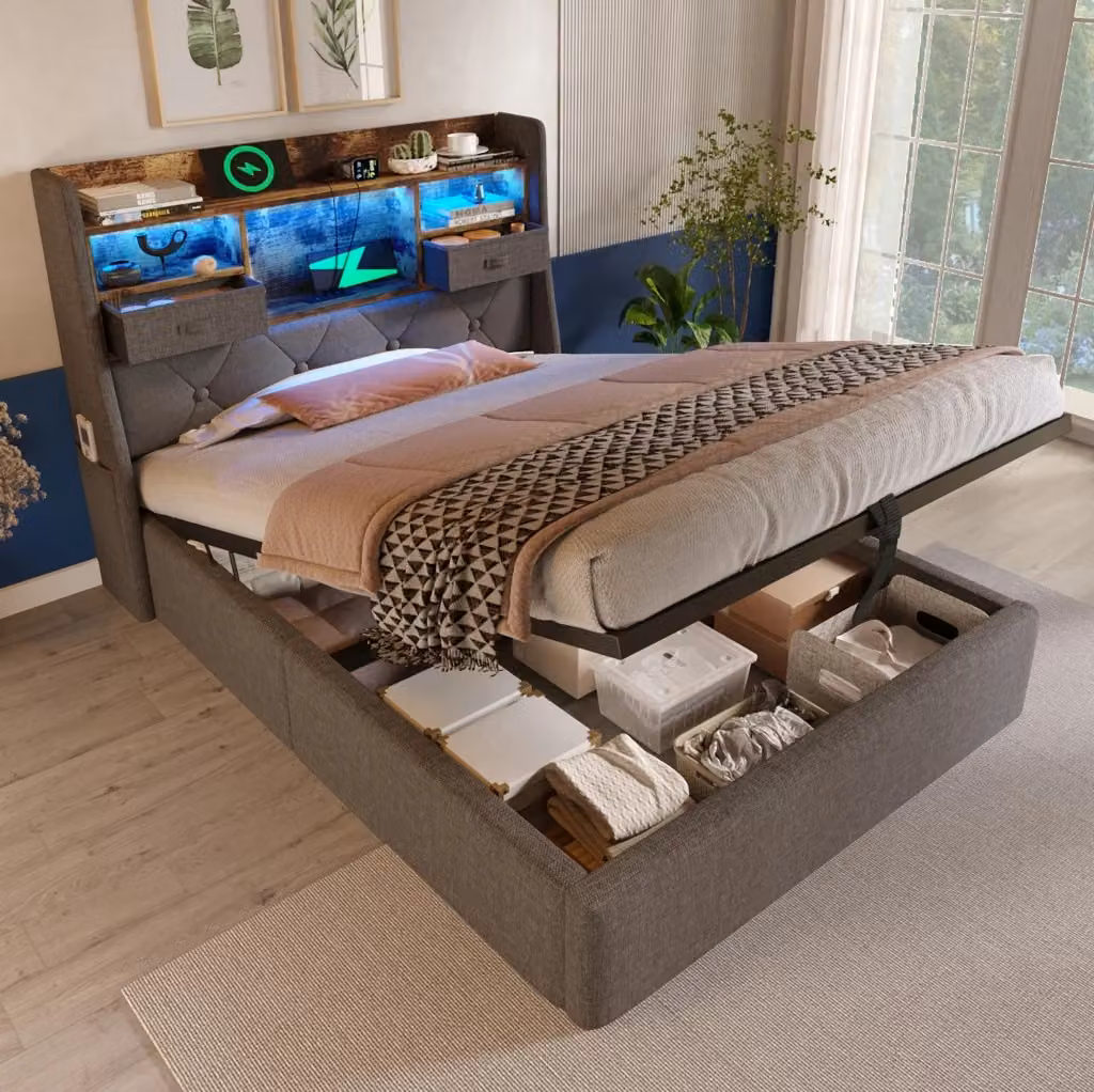 Letto imbottito MODFU in tessuto grigio con contenitore idraulico, testiera con illuminazione LED, porte USB e mensola integrata, L/P/H: 90 x 200 x 103,5 cm – 2