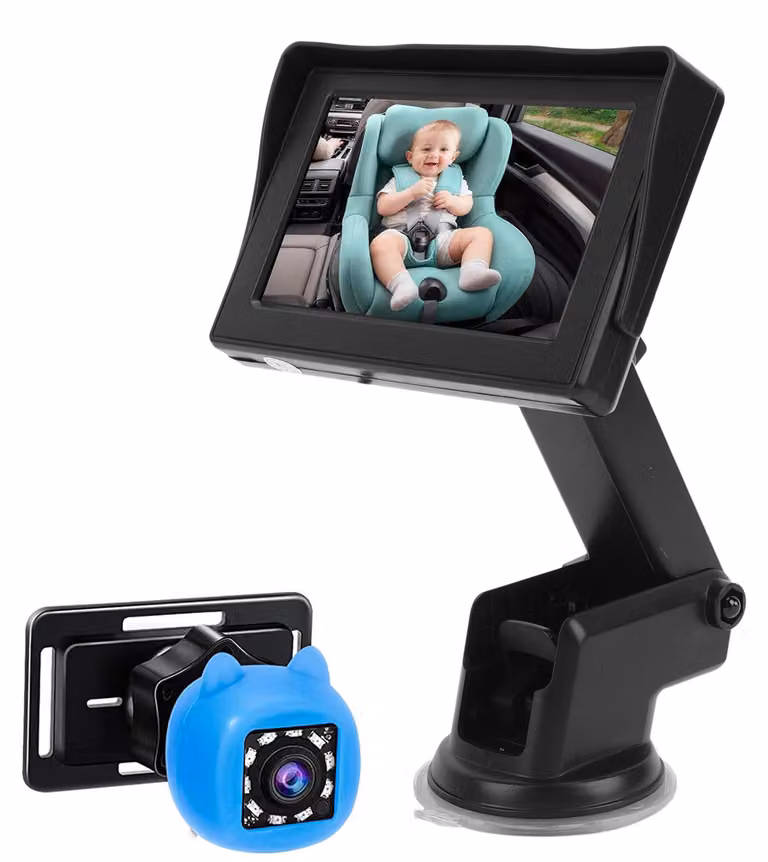 Videocamera per auto per neonati, monitor da 4,3 pollici con visione notturna, ampio angolo di visione di 150°, rotazione a 360°, specchietto retrovisore per seggiolini per bambini piccoli, K