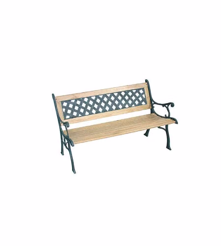 Panchina da giardino Vette in ghisa e legno di quercia con braccioli, modello geometrico quadri, L: 126 cm