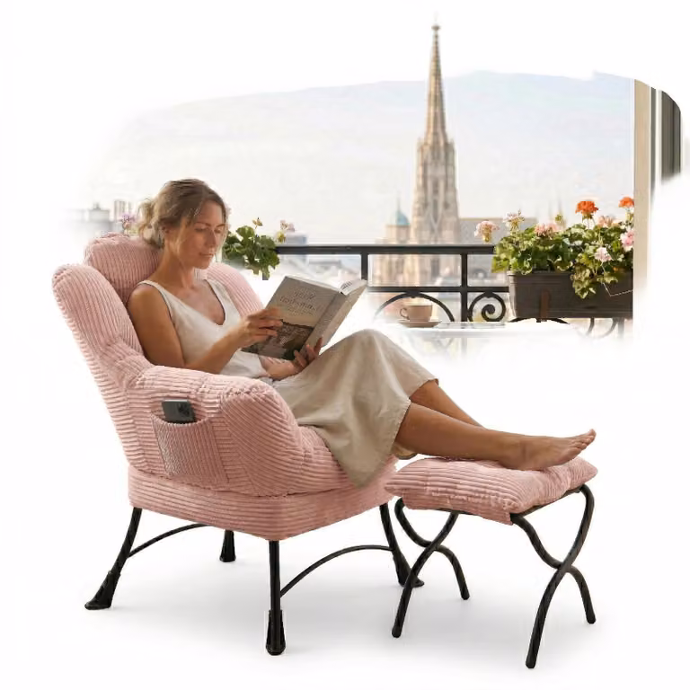 LVHOM poltrona reclinabile con sgabello, poltrona TV poltrona da lettura con tasca laterale, copertura in corda, portata fino a 180 kg, rosa