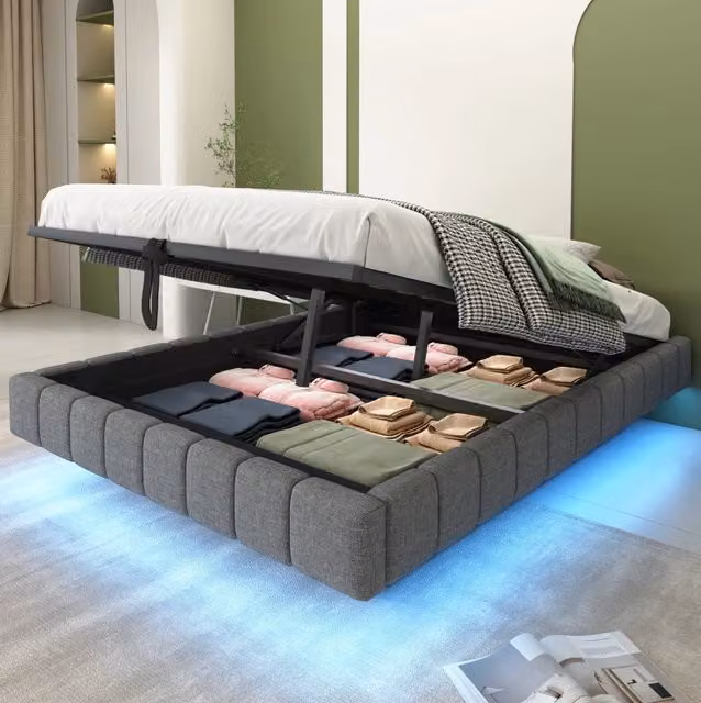 Letto imbottito 140x200 cm; sospeso con LED e spazio contenitore; tessuto e metallo grigio