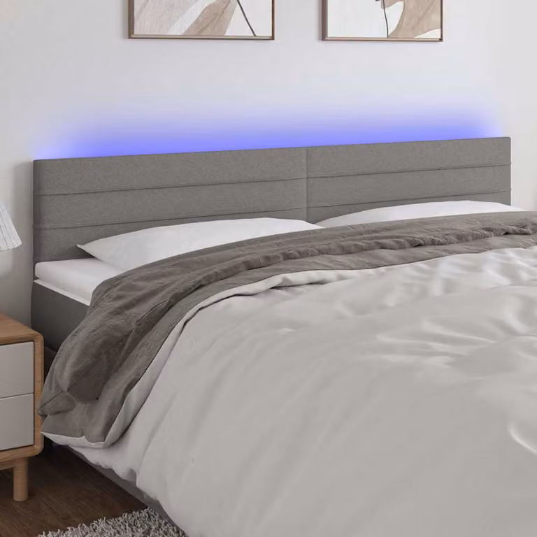 Testiera per letto vidaXL in tessuto grigio con illuminazione LED e porta di ricarica USB, L: 200 cm, P: 5 cm, H: 78-88 cm