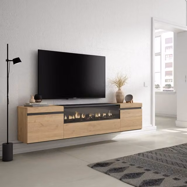 Mobile TV, 200x35x45cm, soggiorno, Per TV fino a 80", Camino elettrico, da appendere, colore Rovere e nero RF2153