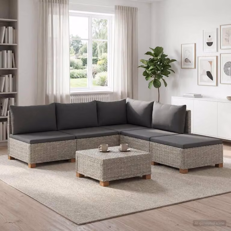 Maison Exclusive - Set da salotto in rattan naturale, composto da 6 pezzi, con cuscini, colore grigio Kubu