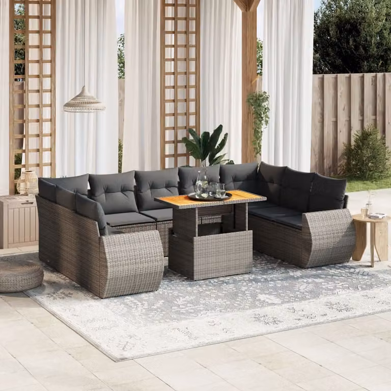 vidaXL Set Divano da Giardino 10 pz a Forma di L in Polyrattan Grigio con Cuscini e Tavolino