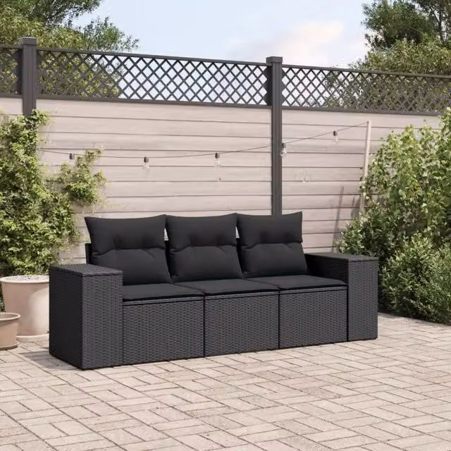 vidaXL Set Divani da Giardino 3 pz in Polyrattan Nero con Cuscini Imbottiti e Rivestimenti Rimovibili – 1