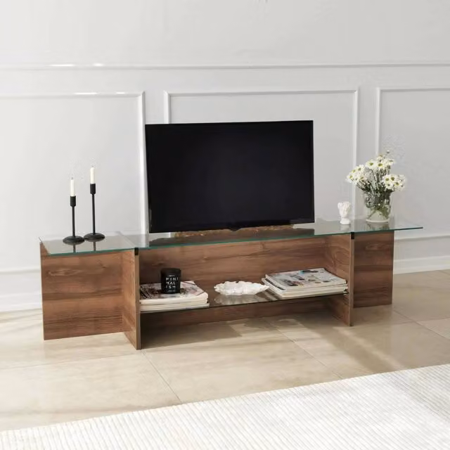 Mobile porta TV DMORA moderno in legno e vetro, Credenza da soggiorno marrone, L: 158 cm, P: 35 cm, H: 40 cm