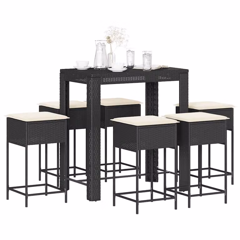vidaXL Set Bar da Giardino 7 pz in Polyrattan Nero e Bianco con Cuscini