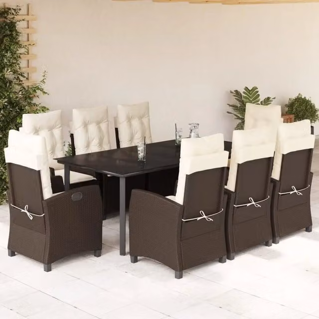 Set da Pranzo da Giardino 9 Pezzi vidaXL in Polyrattan Marrone con Piano in Vetro
