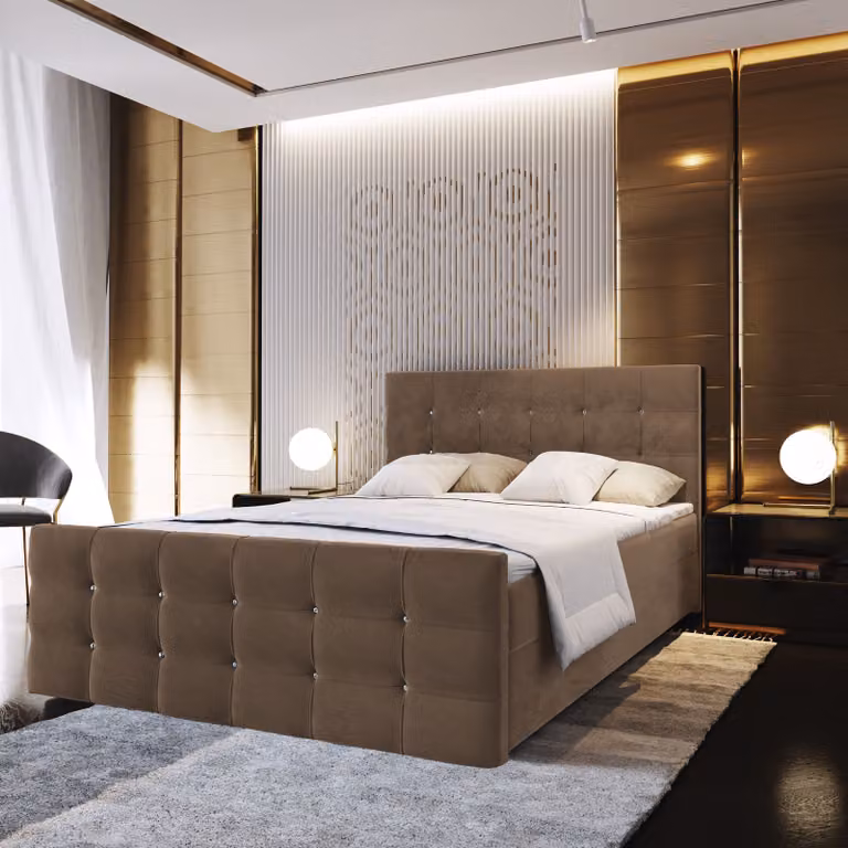 Letto a molle Masseno SLAT 180x200 cm completo di materasso e topper Bonell, letto imbottito con cassettiera - marrone, COSMIC 800
