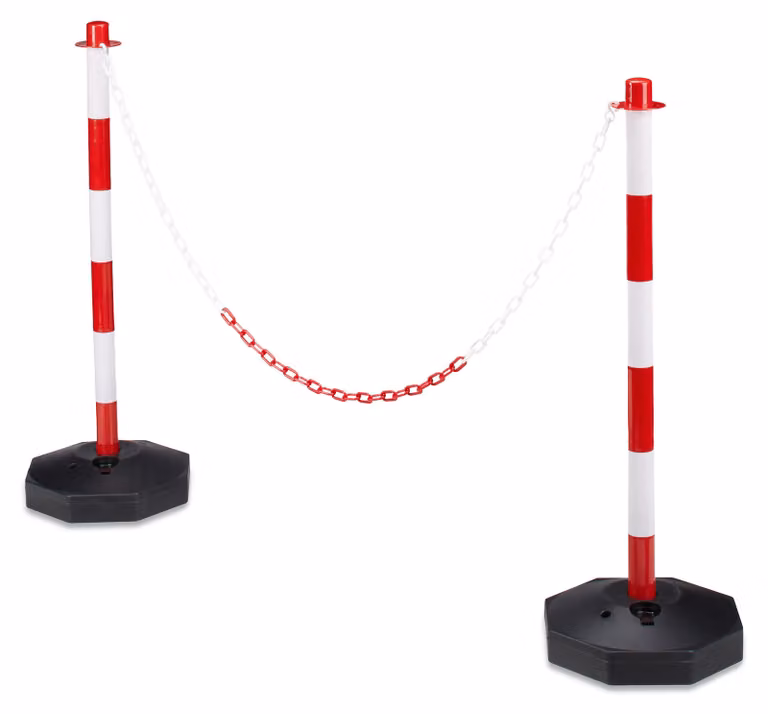 6 pali di segnalazione con catena, in plastica, con base riempibile, dimensioni 82x28x28 cm, pali con catena, colore rosso/bianco