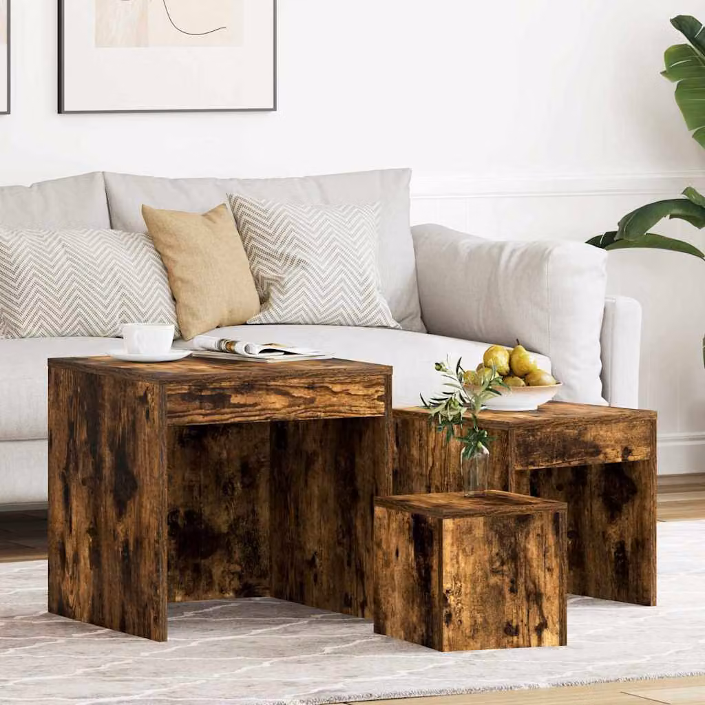 Set di 3 tavolini impilabili vidaXL in legno multistrato e MDF, design moderno quadrato, colore rovere fumo marrone