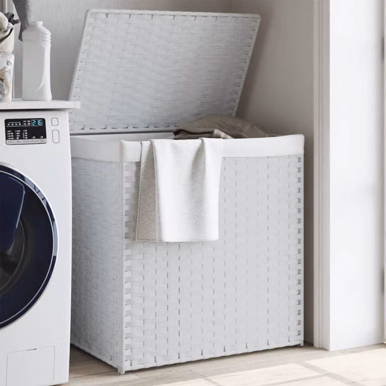 Cesto Portabiancheria a 2 Sezioni vidaXL in Polyrattan Bianco con Coperchio e Maniglie L/P/H: 53 x 35 x 57 cm