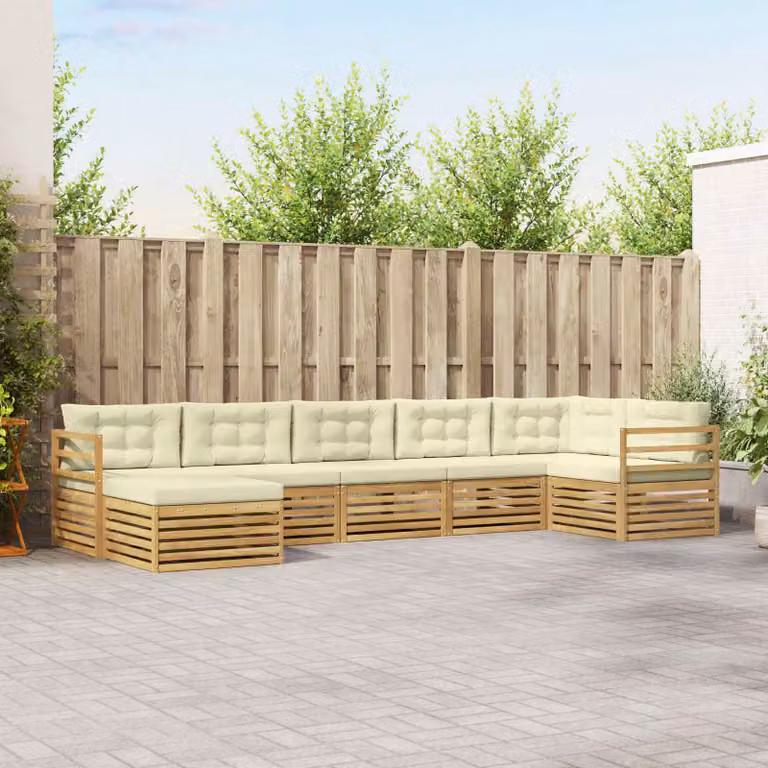 vidaXL Set di divani da esterno a L composto da 7 pezzi in legno di acacia con cuscini Bianco e Beige
