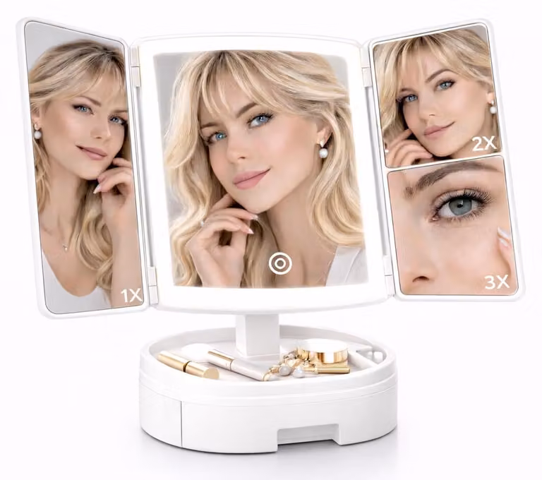 Specchio da trucco LED, 3 colori, ingrandimento 1x/2x/3x, pieghevole, bianco