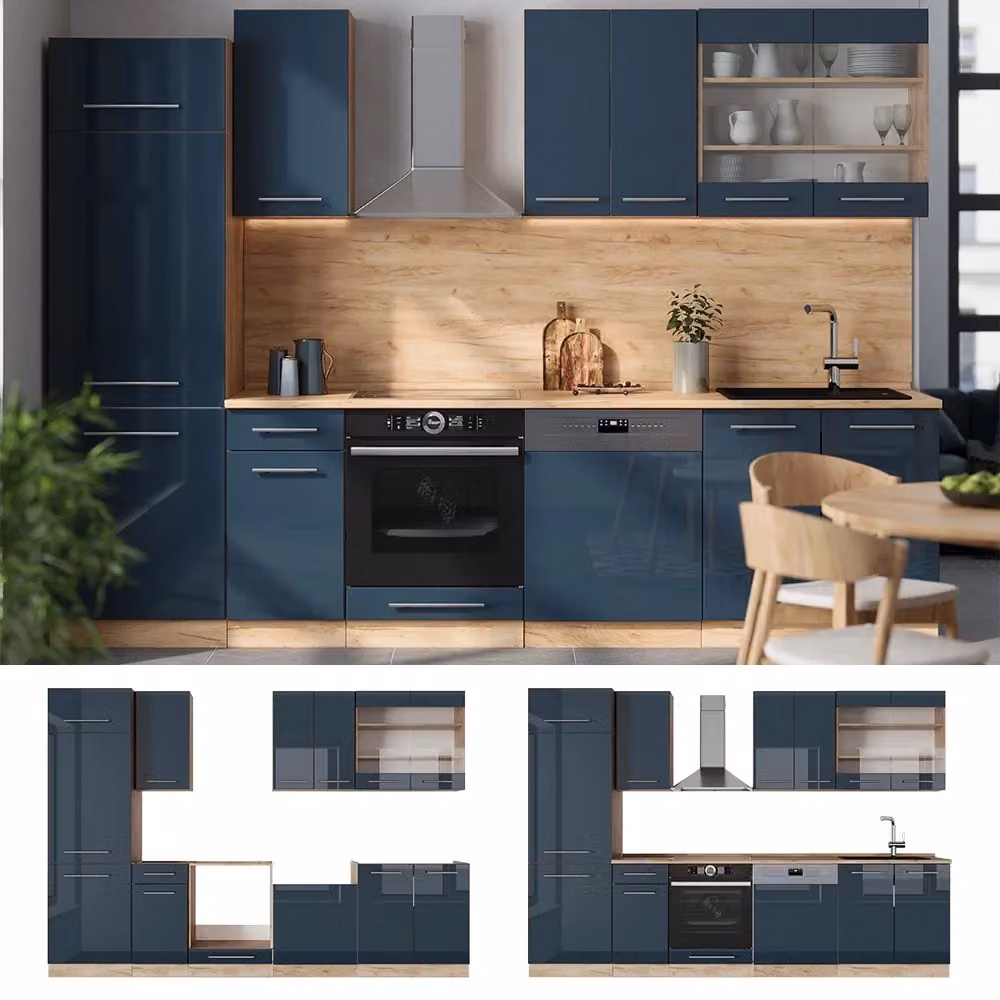 Cucina componibile moderna Vicco Fame-Line Blu scuro lucido e Rovere dorato L: 300 cm, H: 206.8 cm, P: 60 cm – 2