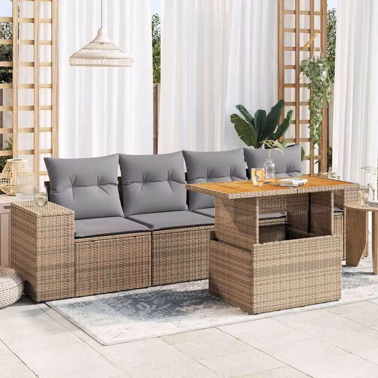 Set Divano da Giardino vidaXL 5 pz in Polyrattan con Cuscini Beige e Tavolino da Esterno a Forma di L