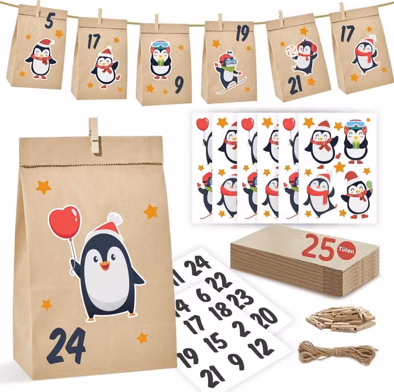 Calendario dell'Avvento pinguini grandi sacchetti di carta kraft fai da te numeri adesivi bambini adulti Natale