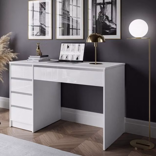 Scrivania DMORA Massico con 4 cassetti in bianco lucido L: 120 cm, P: 55 cm, H: 143 cm