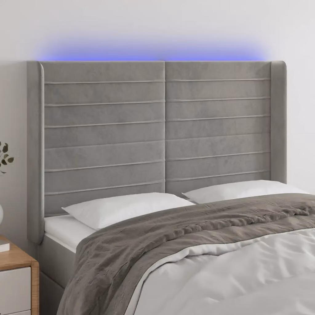 Testata del letto con illuminazione LED e porta USB in velluto grigio chiaro L: 147 cm, P: 16 cm, H: 118/128 cm – 2