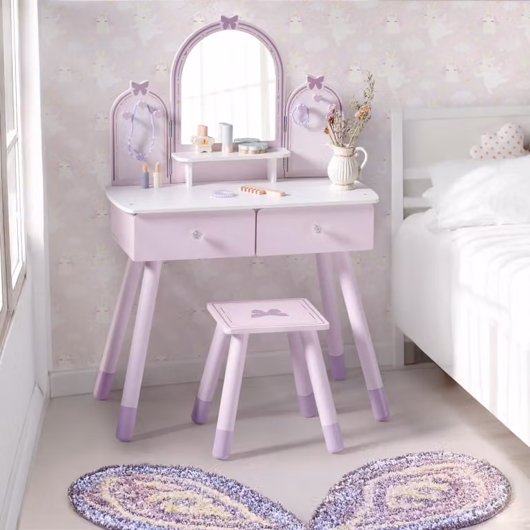 Tavolino da trucco per bambini ROBUD, in legno, con sgabello, specchio e accessori