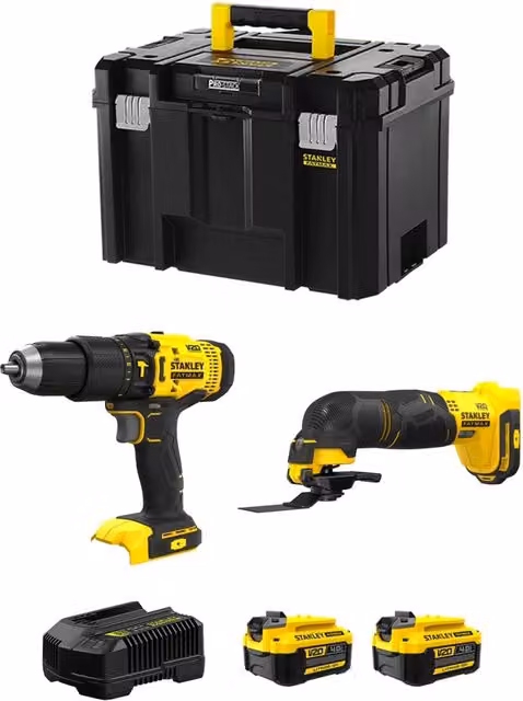 Kit Stanley FatMax SVK207 con Avvitatore SFMCD711, Seghetto SFMCE500, 2 Batterie da 4,0 Ah, Caricabatteria e Bauletto TSTAK VI, Nero