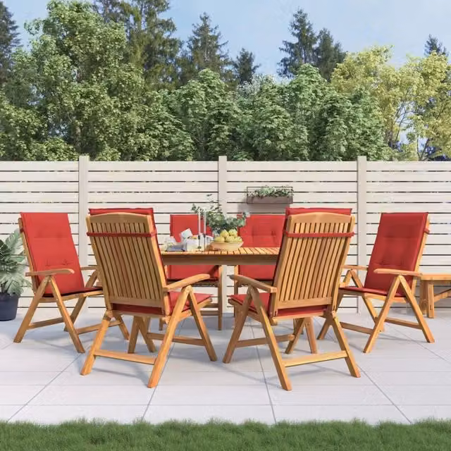 Set di 6 sedie pieghevoli reclinabili vidaXL in legno di teak con cuscini marroni e rossi per giardino