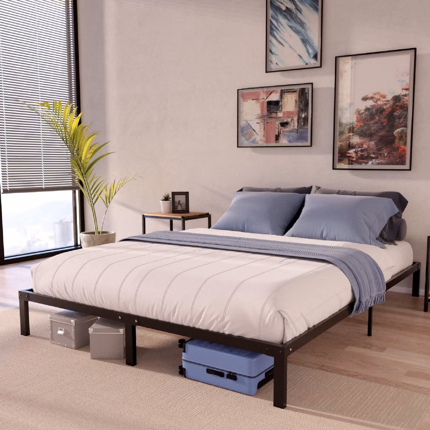 Letto a telaio 140x200 cm con rete a doghe, altezza 35 cm, in metallo, colore nero