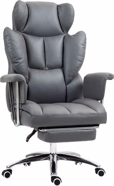 Sedia da ufficio ergonomica HOMCOM in ecopelle grigia con poggiapiedi, braccioli e rotelle, girevole a 360° per casa e ufficio