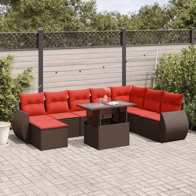 Set di Divani da Giardino 9 Pezzi vidaXL in Polyrattan Marrone con Cuscini e Tavolino da Esterno – 1