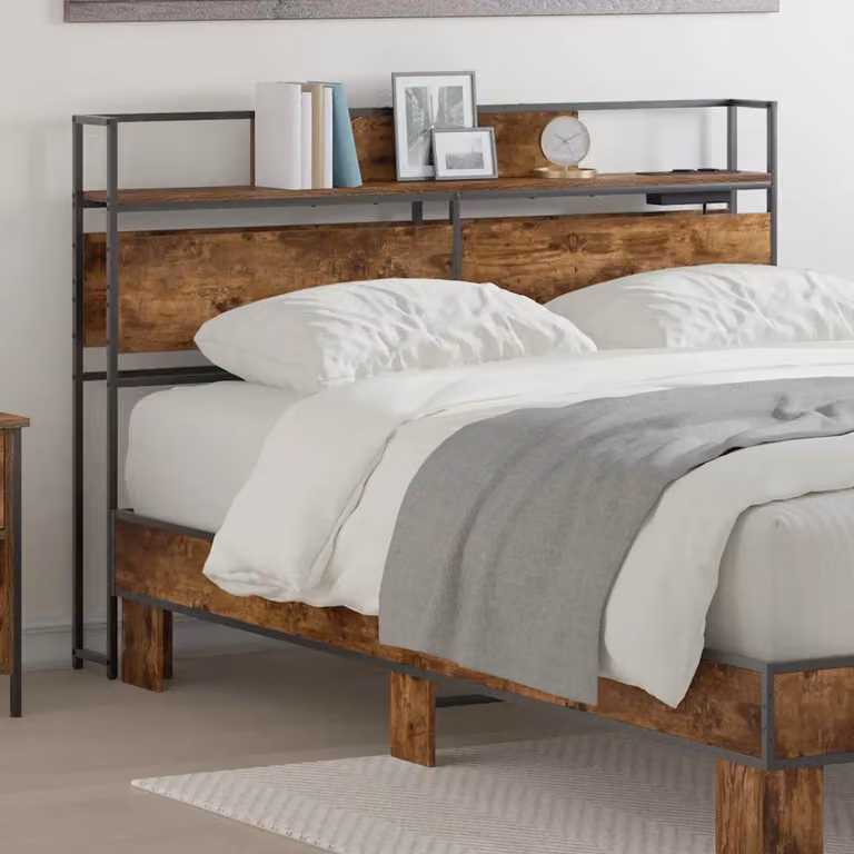 Testata del letto con contenitore vidaXL in legno ingegnerizzato e metallo, colore marrone, con mensola integrata e porta di ricarica USB, L 120 x H 98 x P 15 cm