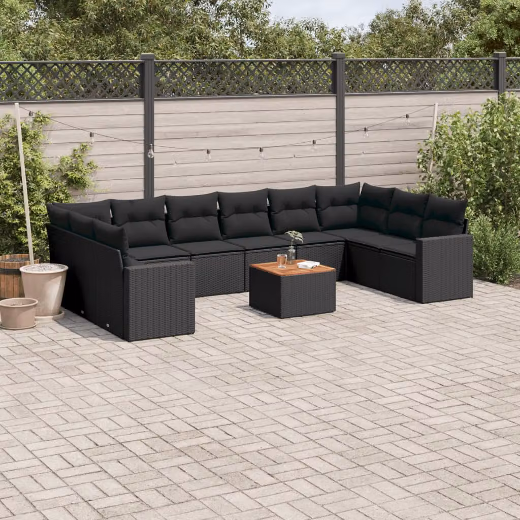 vidaXL Set Divani da Giardino 11 pz in Polyrattan Nero con Cuscini e Tavolino da Esterno a Forma di L – 1