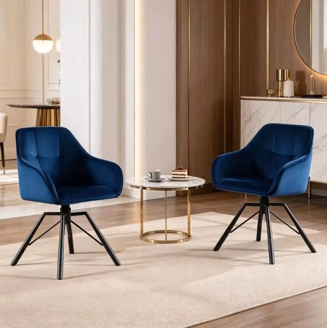 Set 2 sedie da pranzo ULEVR girevoli a 360¡ã con braccioli, velluto blu e gambe in metallo