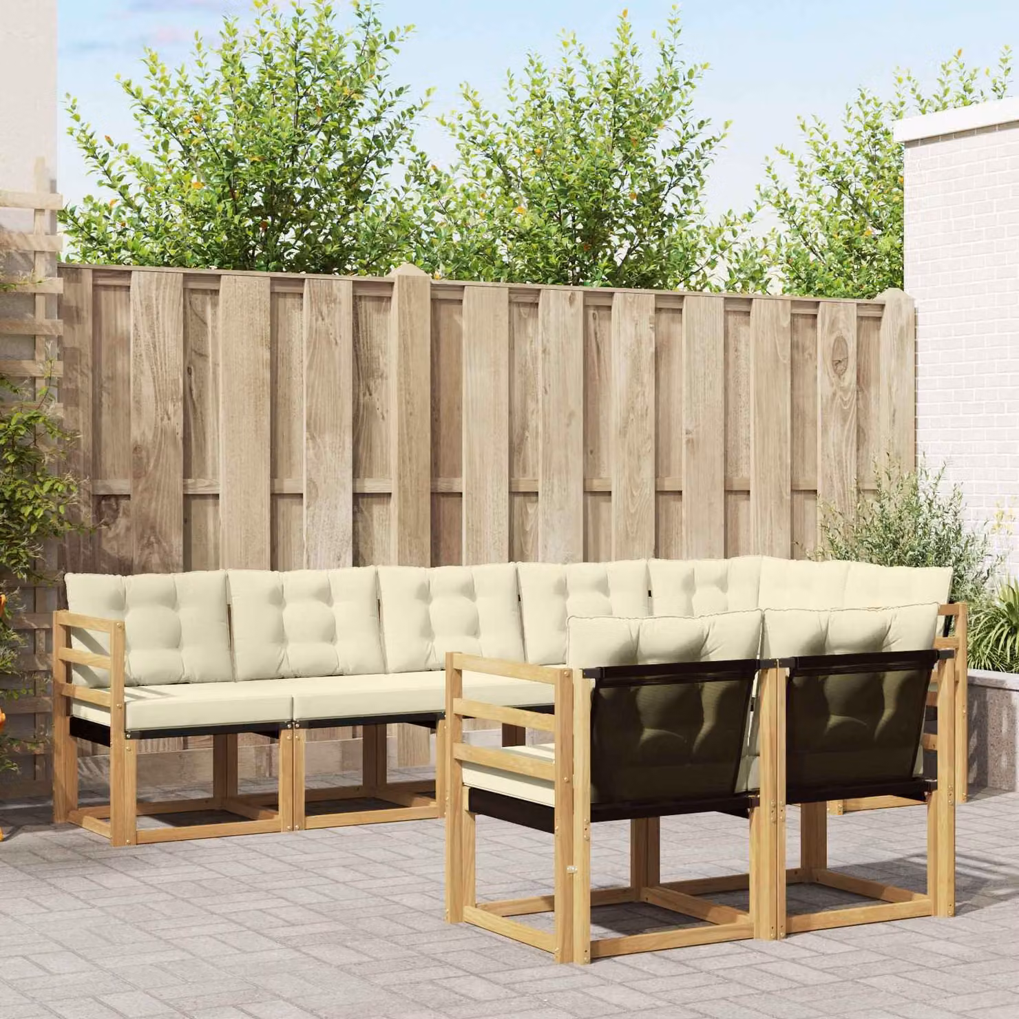 Set di divani da esterno vidaXL a forma di L composto da 8 pezzi in legno di acacia e textilene, colori bianco, beige e marrone con cuscini inclusi
