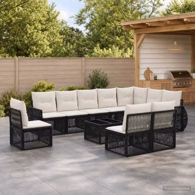 Set da giardino moderno vidaXL composto da 11 pezzi con divano a L, elementi angolari, tavolino da caffè e cuscini in tessuto nero e bianco crema con struttura in metallo e rattan – 1