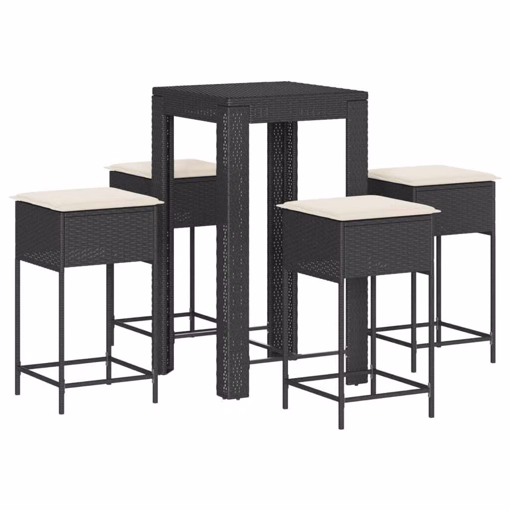 set bar da giardino 5 pezzi con cuscini in polirattan nero
