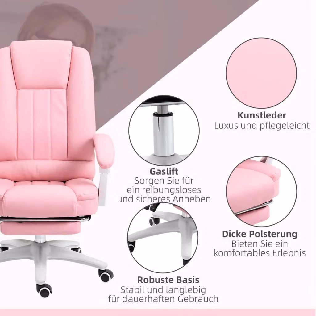 Sedia da ufficio reclinabile REDOM in pelle sintetica rosa con poggiapiedi e poggiatesta, L: 65 cm, P: 68 cm, H: 107-116 cm – 2
