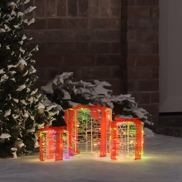 Set di 3 decorazioni a forma di scatola regalo vidaXL con 60 LED multicolore, H 21 x L 20 x P 20 cm