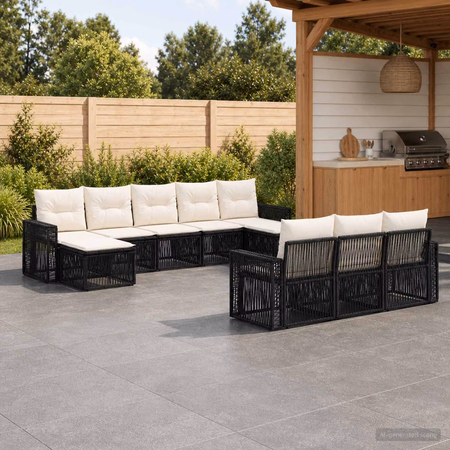 Set Divano da Giardino vidaXL 10 Pezzi a Forma di U in Polyrattan con Cuscini, Nero e Bianco Crema