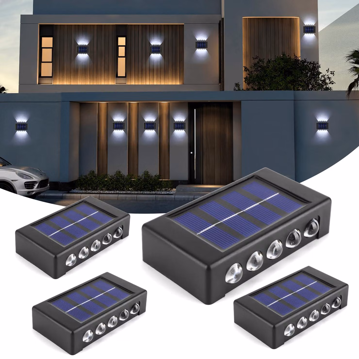 Lampada solare da esterno, set da 4 pezzi, grado di protezione IP65, luce bianca fredda, 10 LED, ideale per giardino e recinzioni