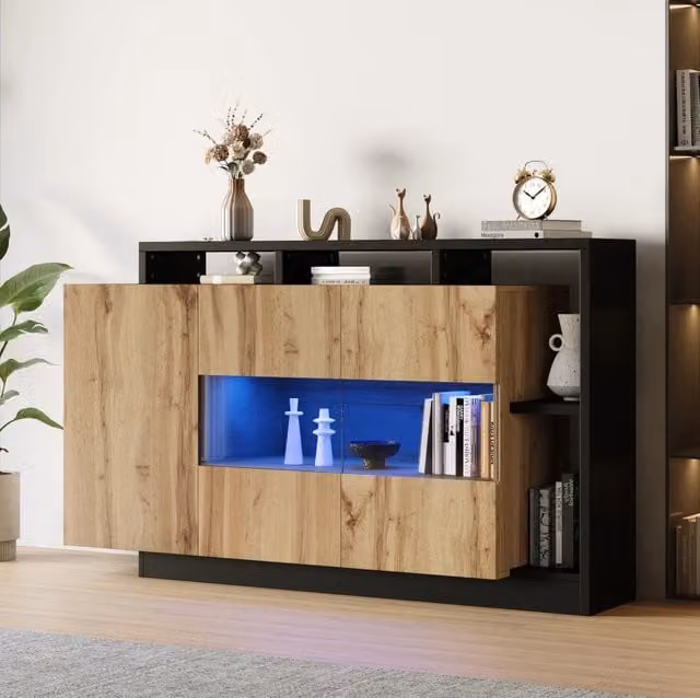 Madia contenitore LED RGB; controllo Bluetooth; MDF effetto legno e struttura nera; 140 x 44 x 94 cm