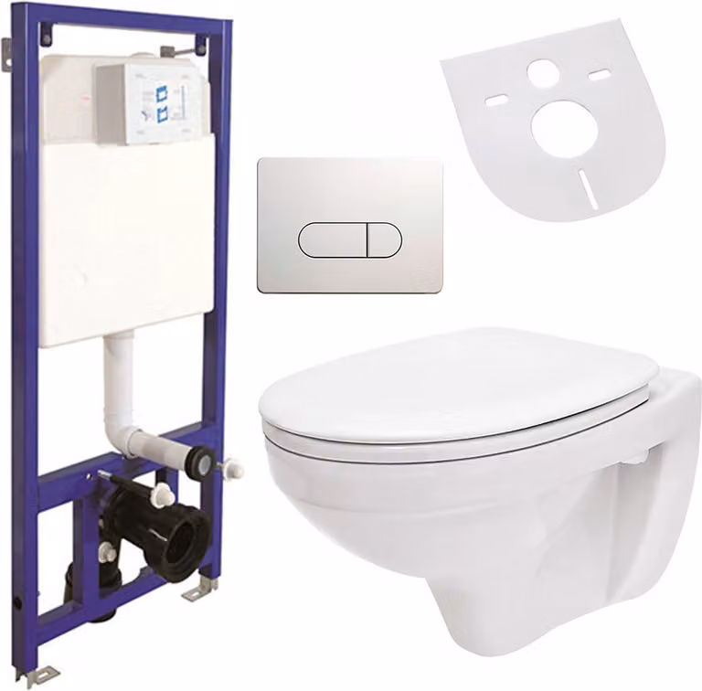 Set completo Belvit per WC UNI, elemento a parete, cassetta, isolamento acustico e piastra di risciacquo, senza bordo, WC sospeso rotondo con coperchio soft-close, Vetroceramica